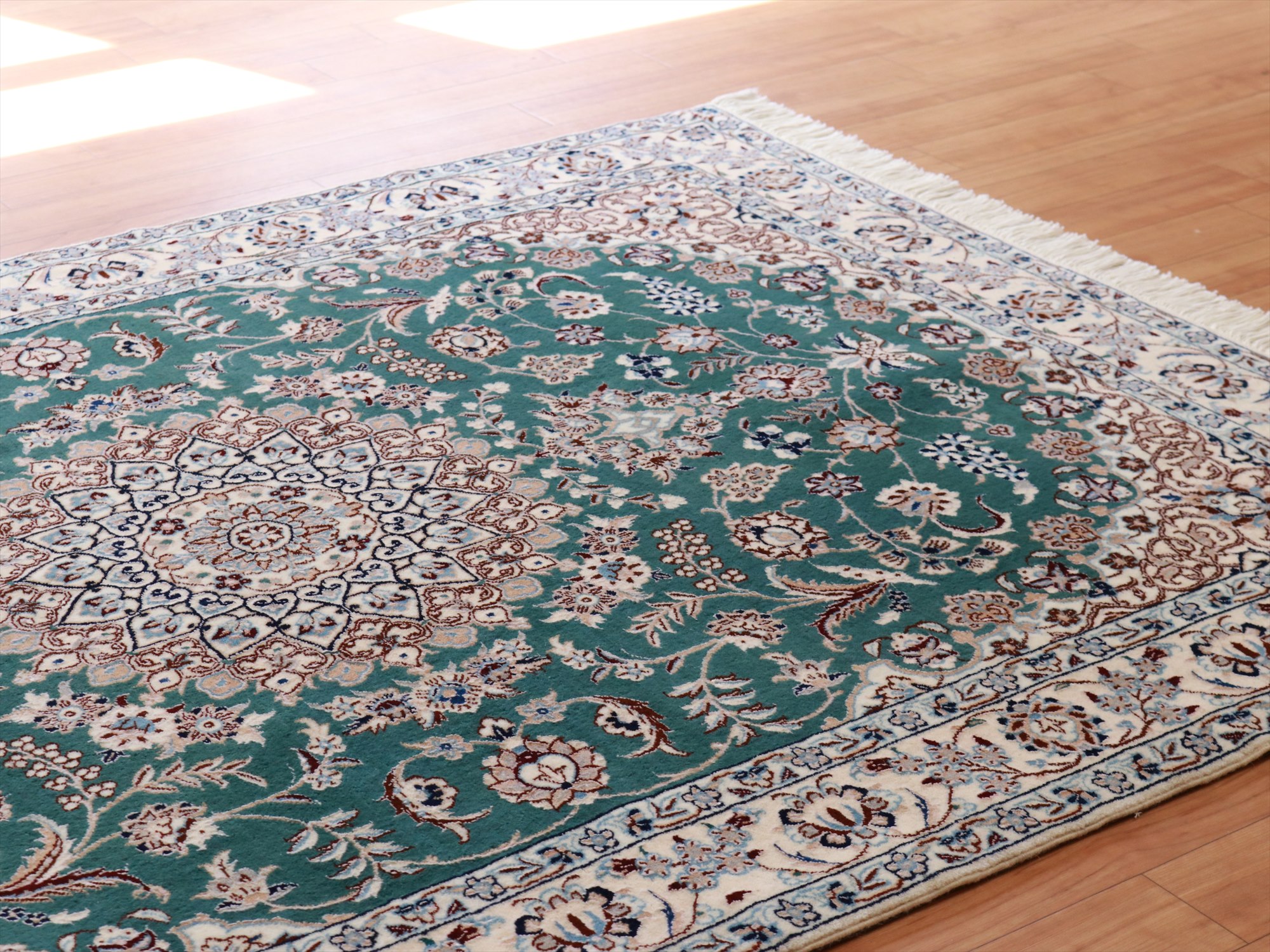 ペルシャ絨毯ナイン産6La　150×110cmグリーン/ベージュ　手織りウールラグ