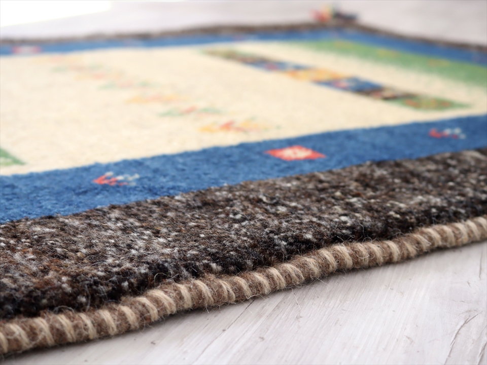 ギャッべ　玄関マット　イラン製手織りラグ　121×84cm ベージュ＆グリーン/ブルー＆ダークブラウン　タイル