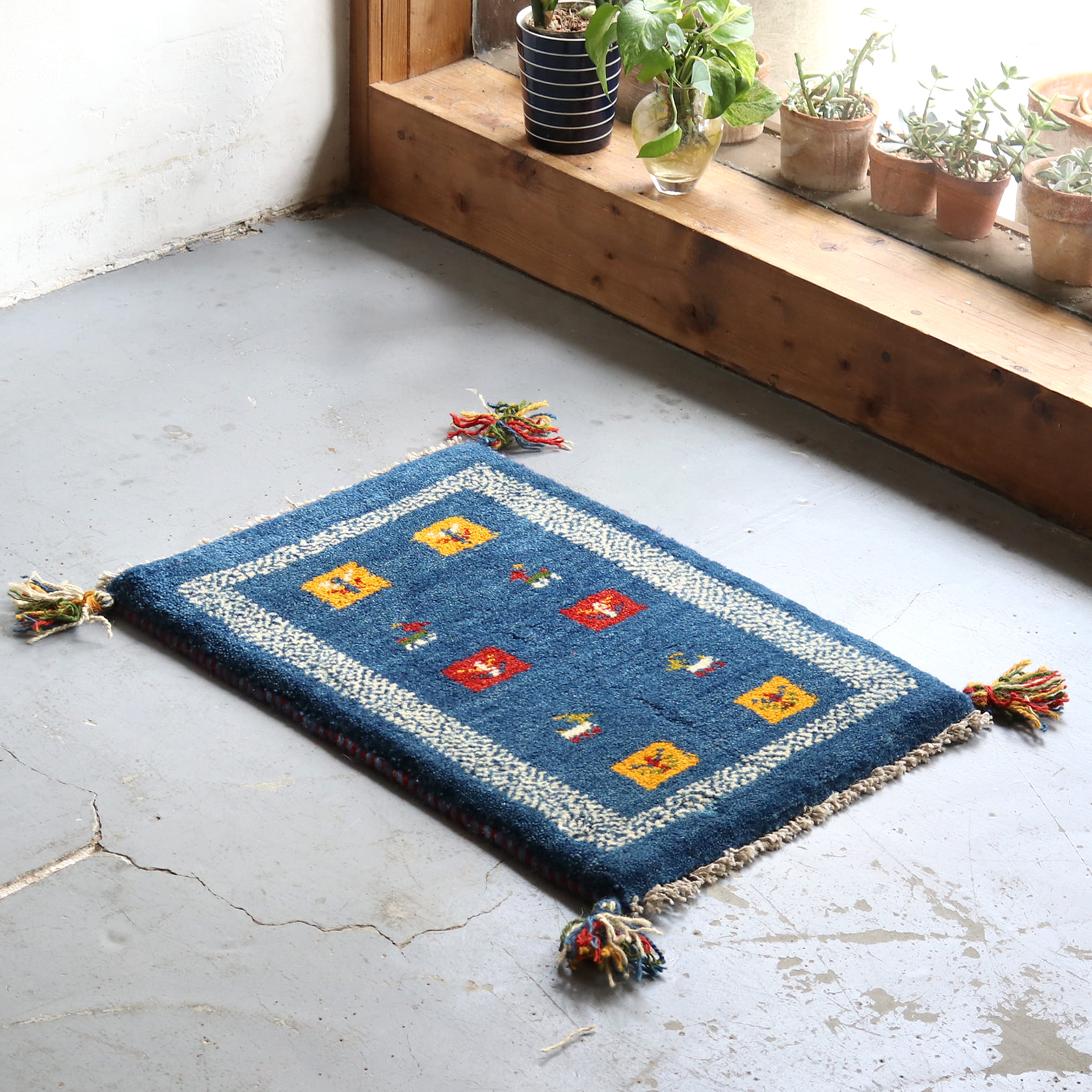 パステルオリーブ ギャッベ ミニサイズ 59x41cm ブルー タイル