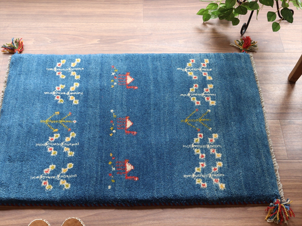ギャッベ 玄関マット イラン製85×59cm ブルー　ラクダ