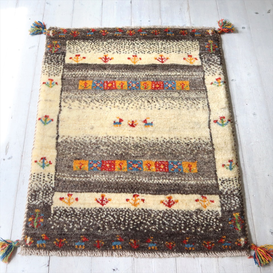 ギャッベ 玄関マット イラン製 86×62cm ナチュラルブラウン　アイボリー 花と動物